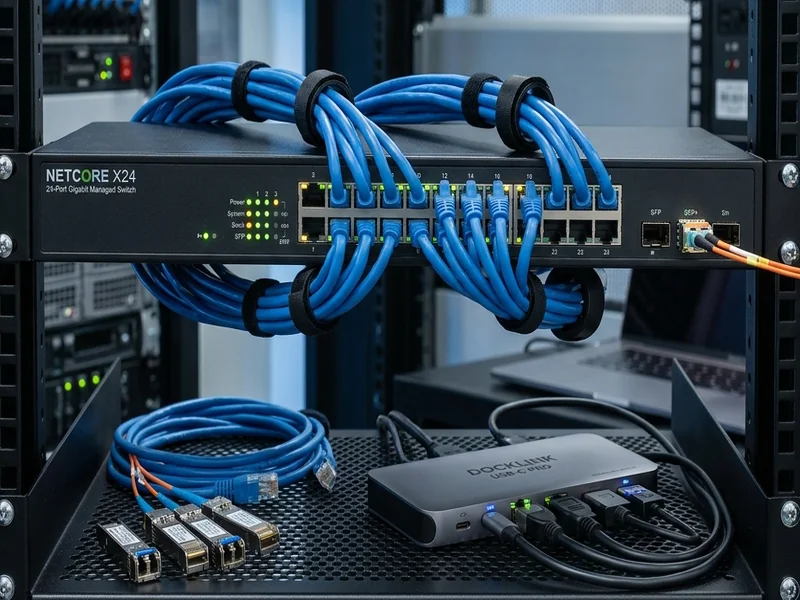 Managed Netzwerk-Switches, Cat6A Patchkabel und USB-C Dockingstationen